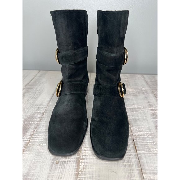 Stuart Weitzman Britain Black Suede Ankle Boots With Gold Buckles & Zipper 6 - Picture 7 of 13